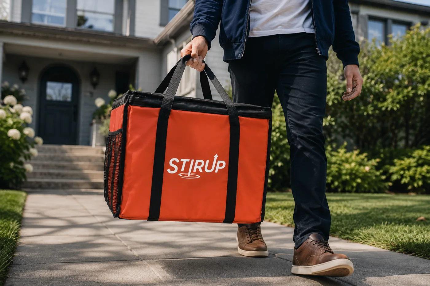 A STIR UP driver carrying a branded insulated delivery bag up to a customer's front door