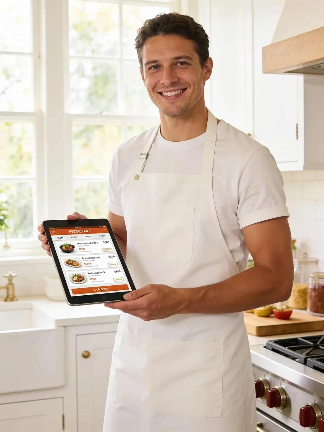 Restaurant owner viewing incoming orders on a tablet