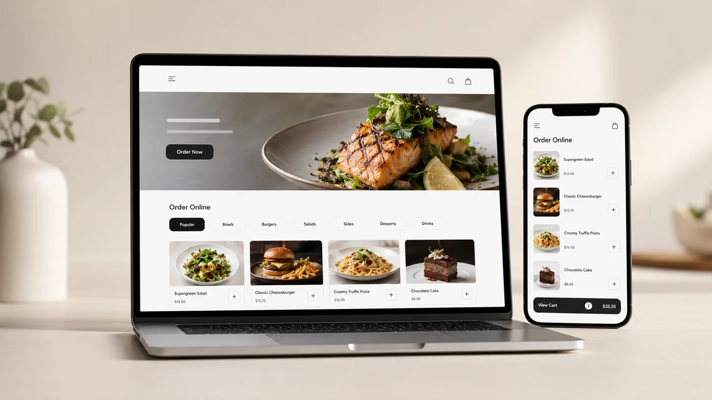 A restaurant's branded online-ordering website shown on a laptop and a phone