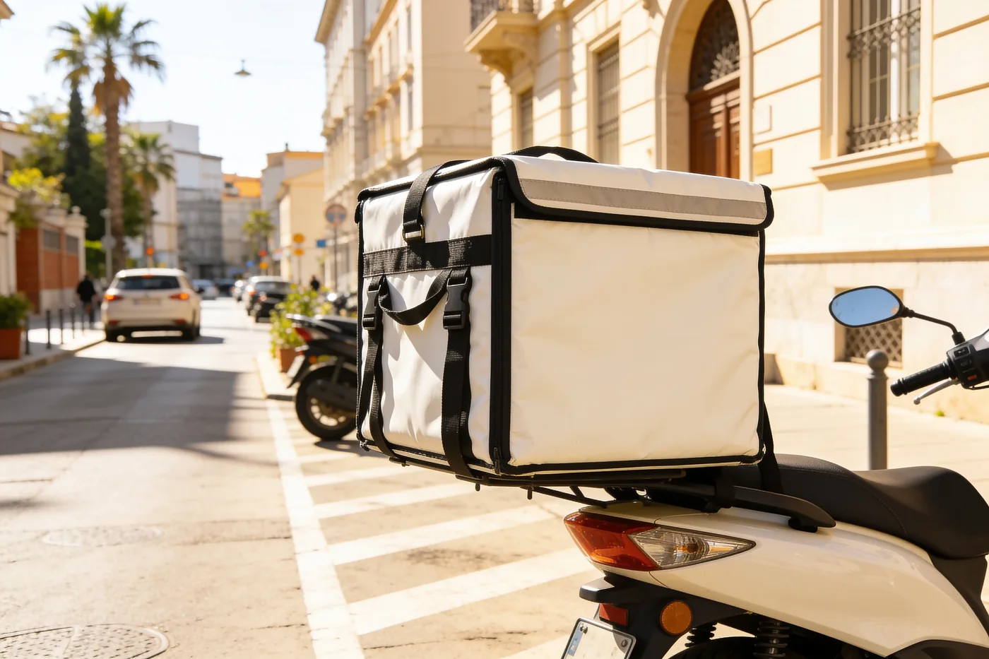 Insulated delivery bag on a scooter in warm daylight